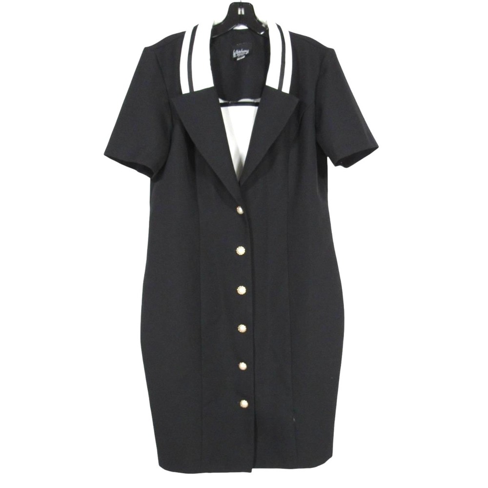 Vtg 80's WHIRLAWAY FROCKS Black Pearl Button-Down Midi SAILOR Sheath Dress Sz 12
